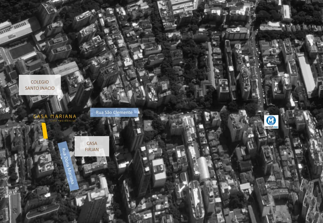 Foto aérea da região do Casa Mariana Loft Residencial, com a Rua Dona Mariana, a Casa Firjan, o Colégio Santo Inácio e o metrô de Botafogo