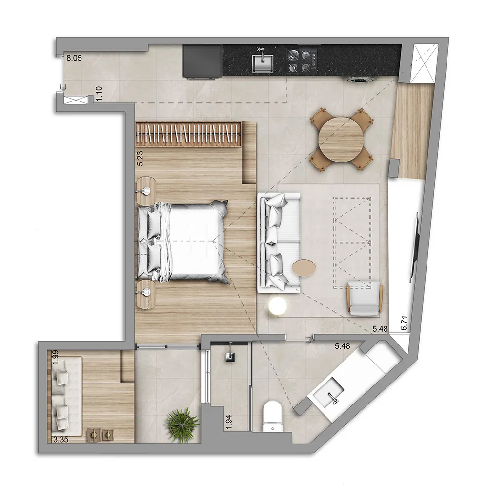Planta do loft casarão 305 do Casa Mariana Loft Residencial, com 70,88 m²