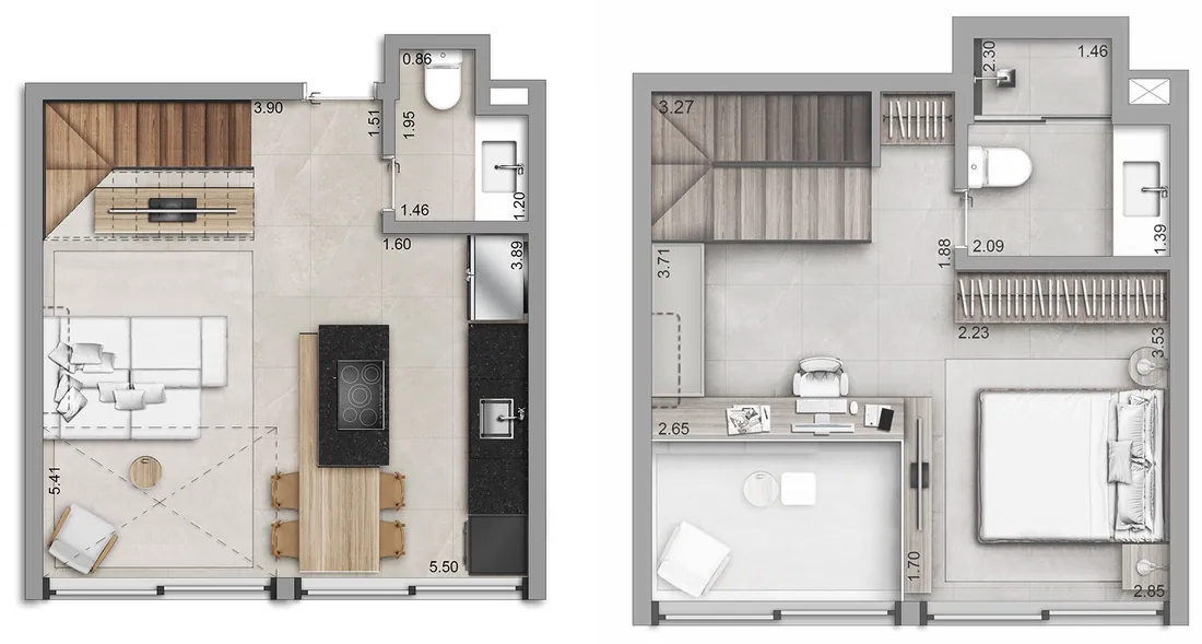 Plantas dos pavimentos inferior e superior do loft duplex 102 do Casa Mariana Loft Residencial, com 62,58 m²