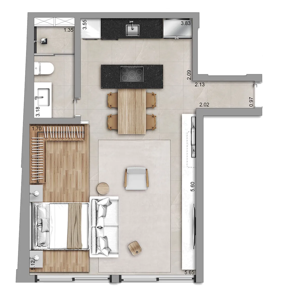 Planta do loft linear 101 do Casa Mariana Loft Residencial, com 57,00 m²